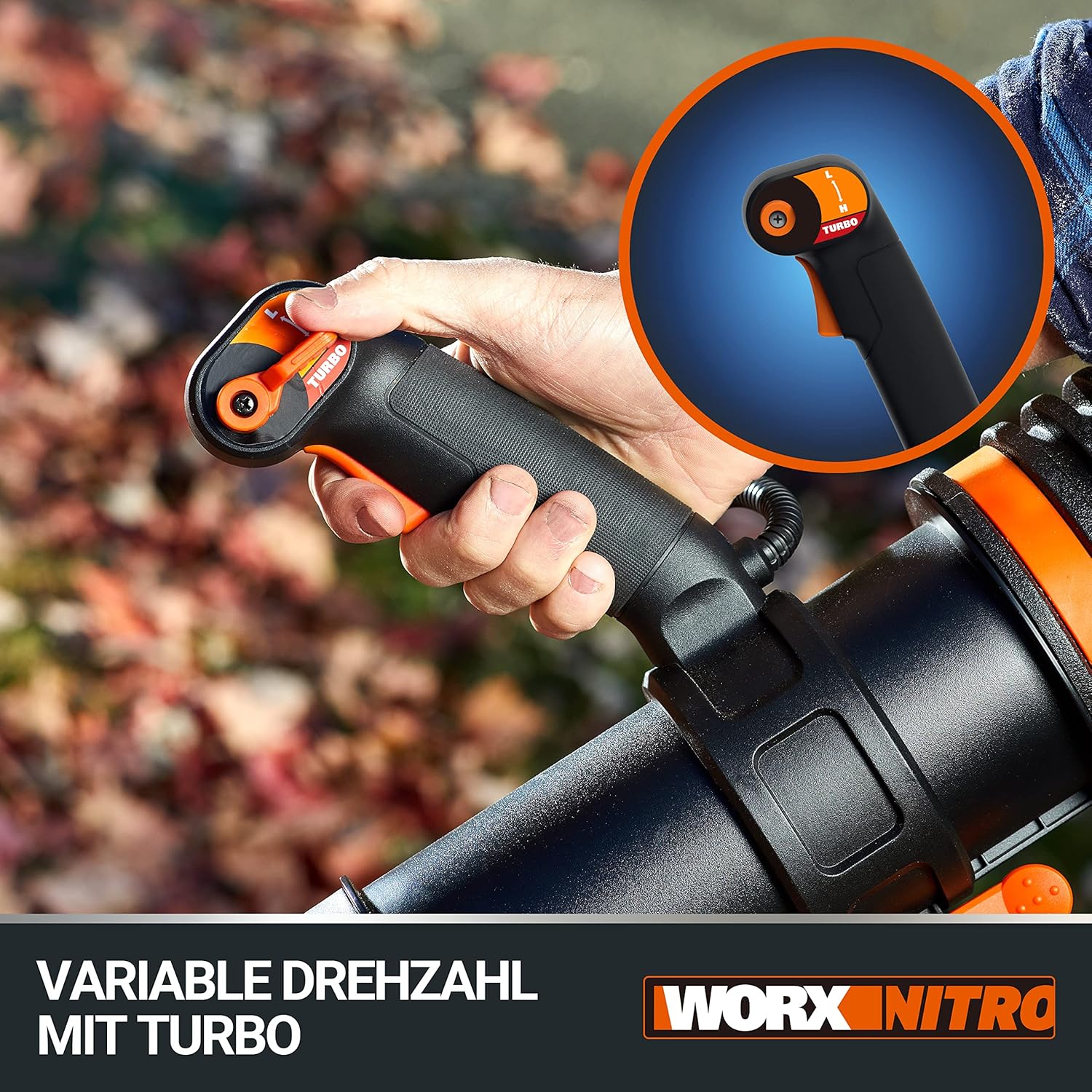 WORX NITRO 40V Profi Akku-Laubbläser WG585E.9 - starker bürstenloser Motor - 3 Geschwindigkeiten & 2 Modus - 266km/h Luftgeschwindigkeit - 1053m³/h Luftmenge - leicht & kompakt - ohne Akku & Ladegerät