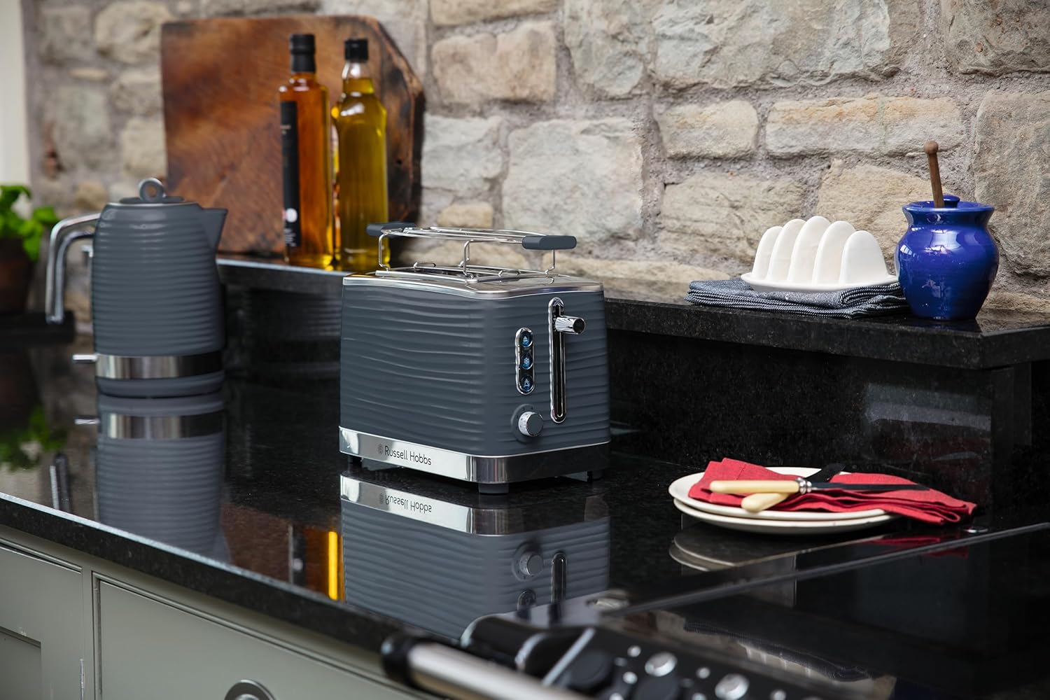 Russell Hobbs Inspire Grey Set Colazione Tostapane, Bollitore e Macchina da Caffè