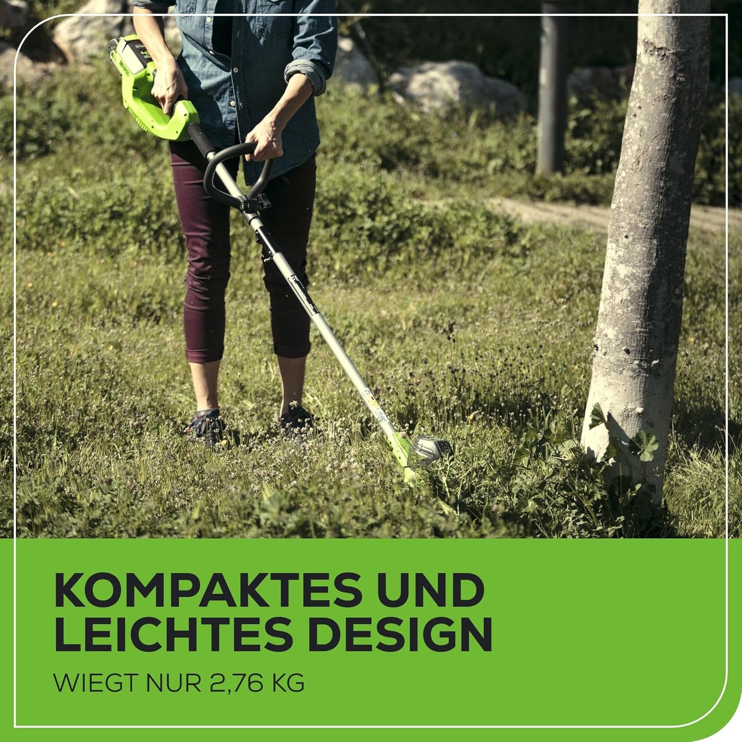 Greenworks 40V Akku Rasentrimmer für mittelgroße Gärten, höhenverstellbar, 30 cm Schnittbreite, automatischer Vorschub 1,65 mm Nylon Faden, zwei 40V 2Ah Akkus & Ladegerät, 3 Jahre Garantie G40LTK2X