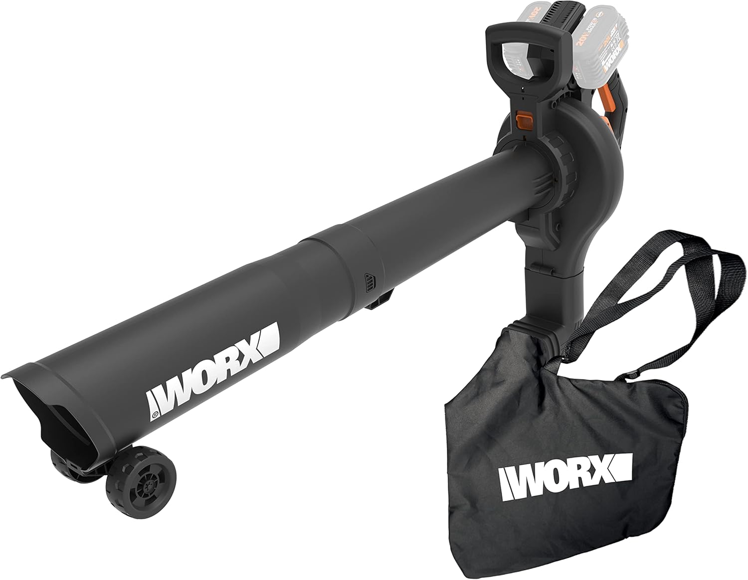 WORX WG583E.9 Soffiatore/Aspiratore per Foglie a Batteria 40V (2x20V) - 2 in 1 per Spazzare e Aspirare le Foglie - Sacco di Raccolta da 35L - Senza Batteria e Caricabatterie, Nero / Arancione