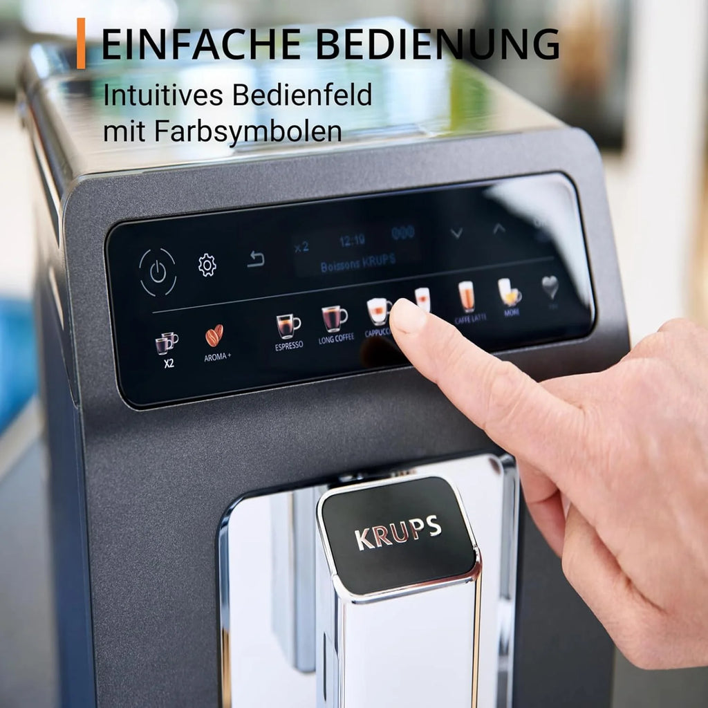 Krups Evidence One Macchina da Caffè Automatica con Tubo per il Latte, 12 Bevande, Funzione 2 Tazze, Display a Colori, Macchina del Caffè, Sigillo TÜV, Nero, EA895N10, Meteor Graphit