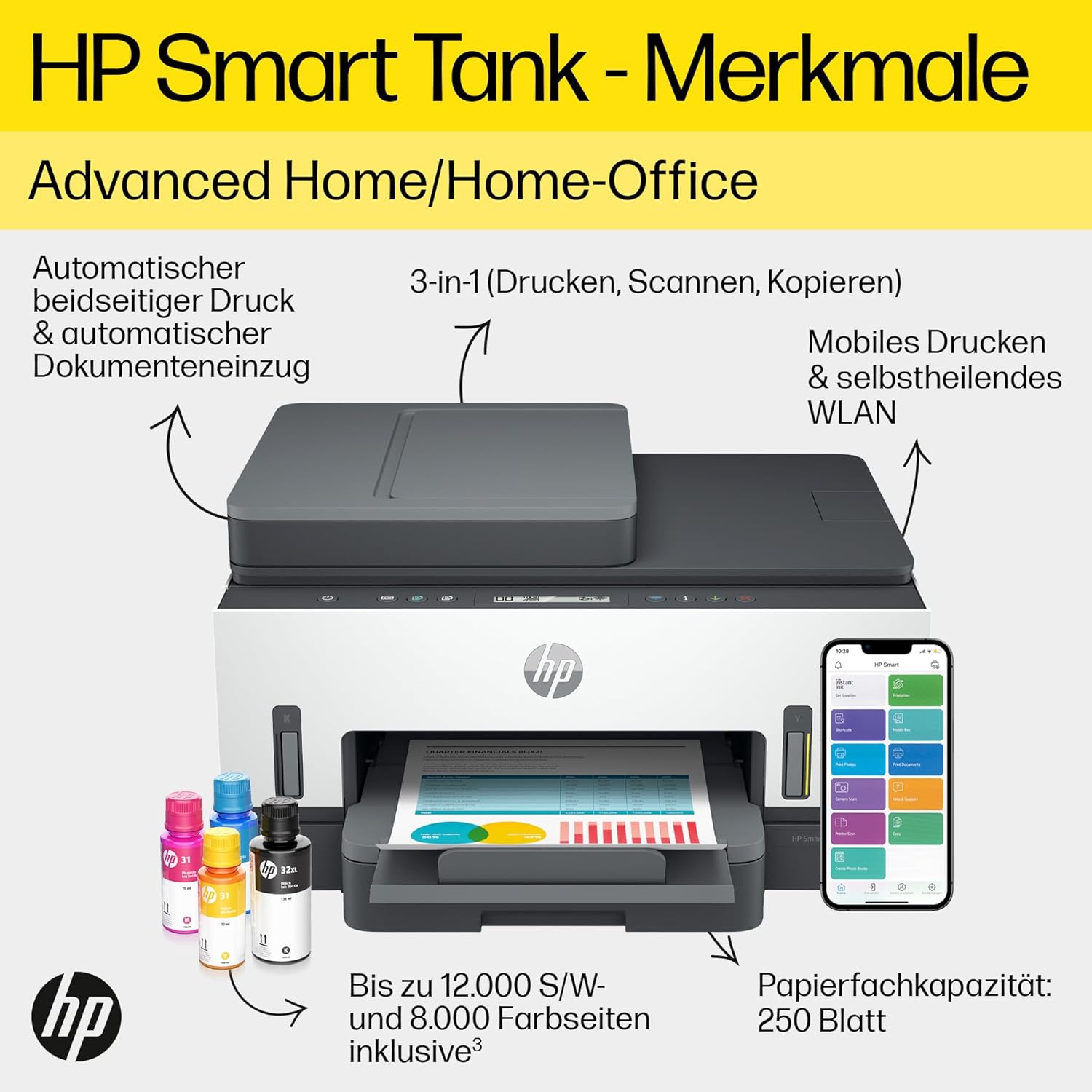Stampante multifunzione 4 in 1 HP Smart Tank 7605 (Wi-Fi; fronte/retro; ADF) – 3 anni di inchiostro incluso, 3 anni di garanzia, serbatoio d'inchiostro grande, alta resa, stampa di alta qualità