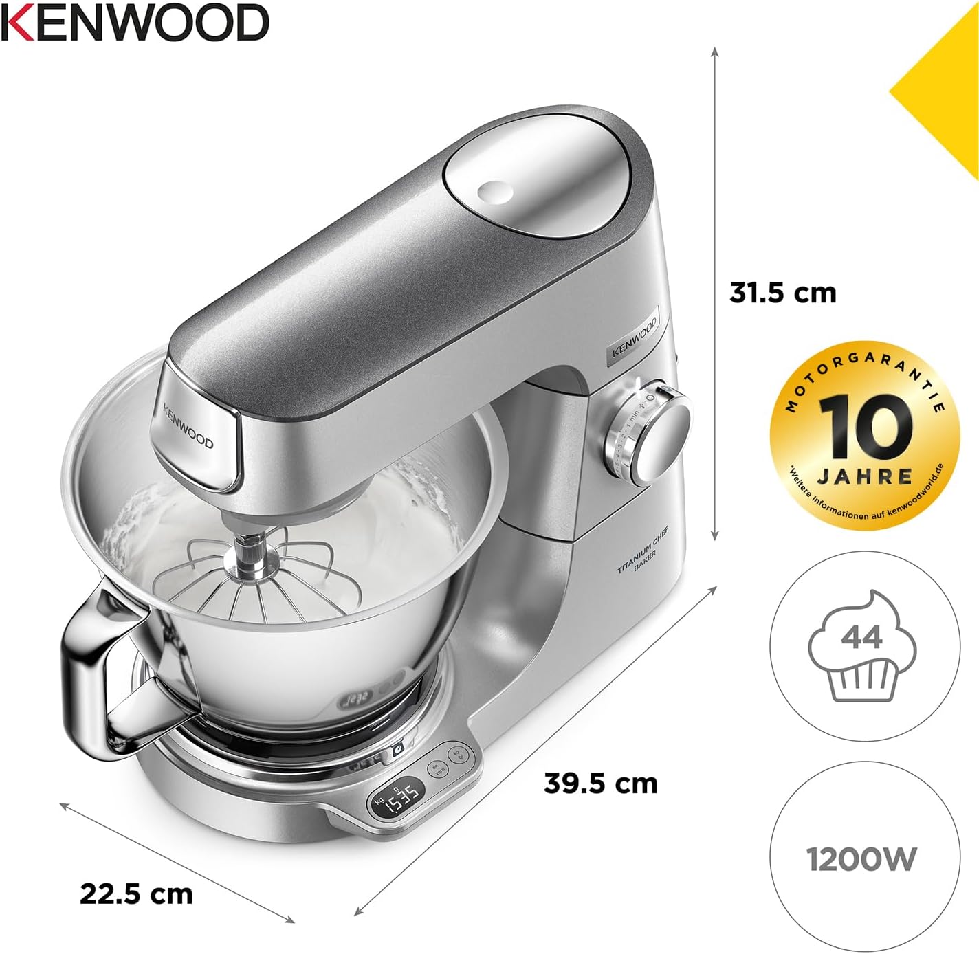 Kenwood Titanium Chef Baker KVL85.424SI Robot da cucina con bilancia integrata, incl. set pasticceria da 4 pezzi, ciotole da 7 L e 5 L, regolazione continua della velocità, 1200 W, Argento