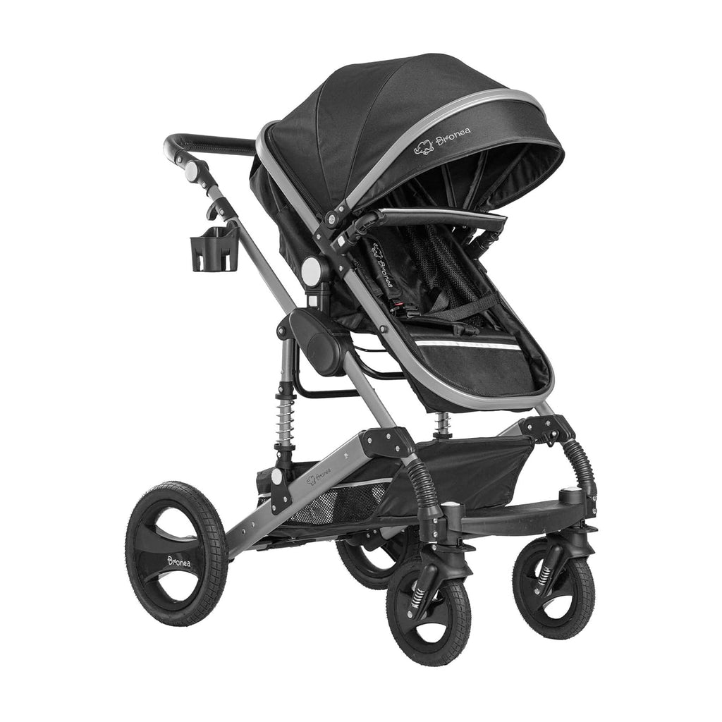 Bronea EXQUISE Kombi-Kinderwagen 3 in 1 INKL. MATRATZE | FARBAUSWAHL | Buggy, Auto-Babyschale, Zusammenklappbar mit Wickeltasche, Regenschutz, Mückenschutz & Sonnenschutz, Farbe:schwarz/champagne