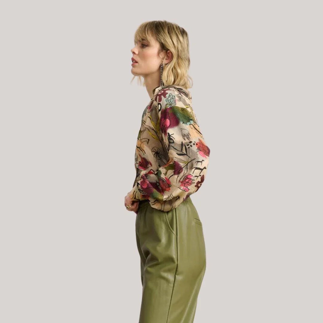 Lozenda - Blusa bohémien fluida con motivo floreale autunnale