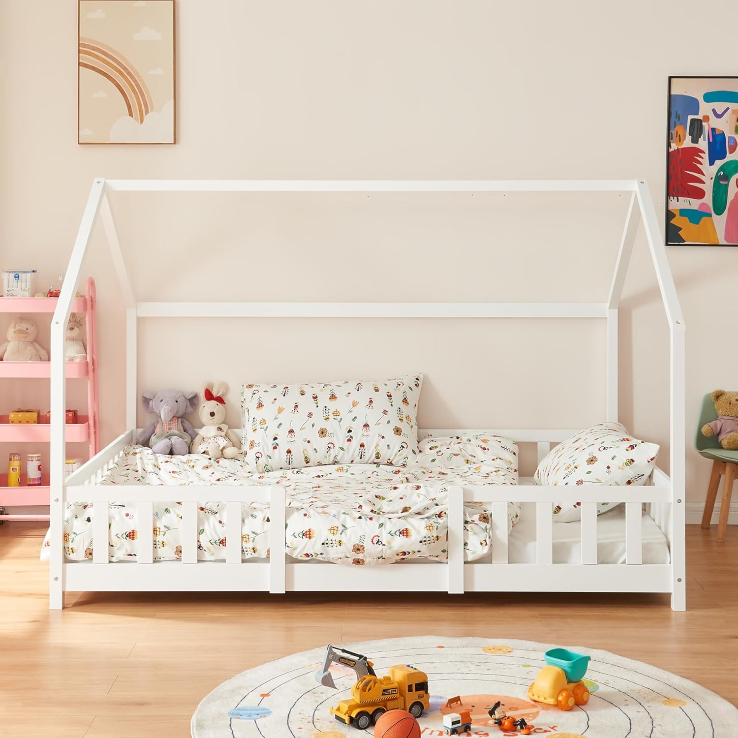 [en.casa] Letto per bambini Sisimiut a capanna 80 x 160 cm con protezione anticaduta letto in legno per bambini letto a terra rete a doghe in legno di pino Bianco opaco