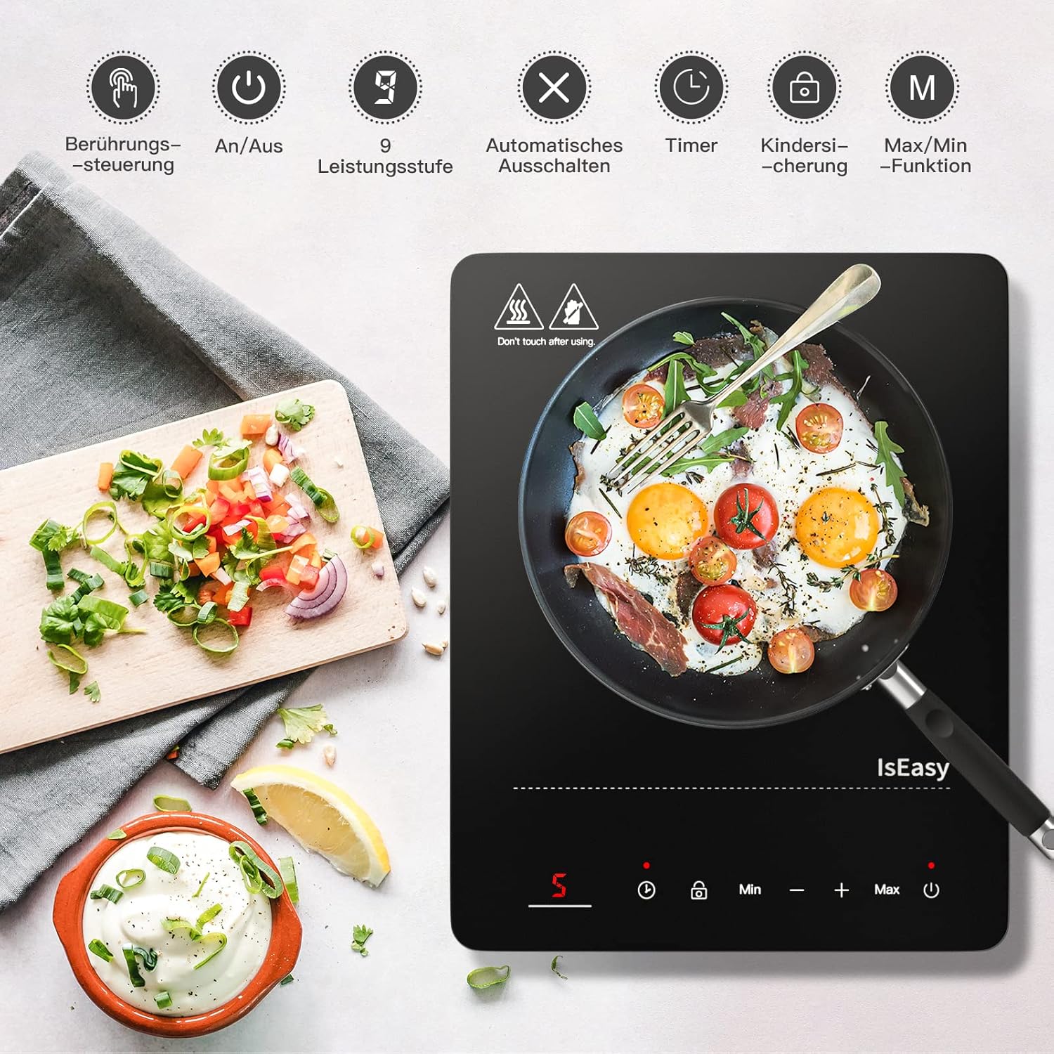 IsEasy 4 Zonen Einbau Induktionskochfeld mit 9 Leistungsstufen &1-99Min Timer, Boost-Funktion, Induktionskochplatte, Induktion Herdplatte mit 4 Platten, 60cm, 6800W, Schwarz