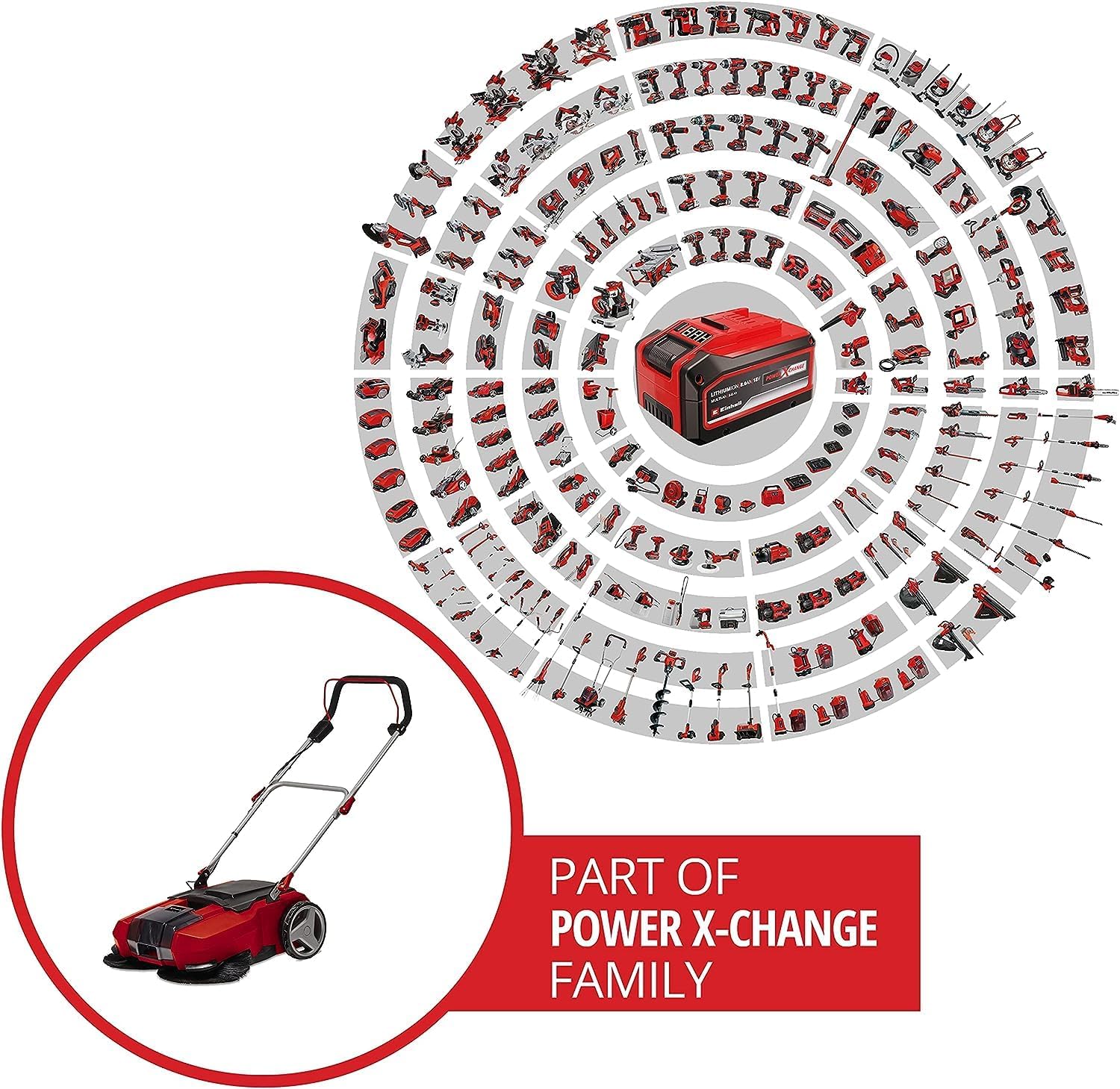 Einhell Spazzatrice a batteria TE-SW 18/610 Li-Solo Power X-Change (18 V, Li-Ion, serbatoio sporco 20 L, larghezza di lavoro 61 cm, posizione di parcheggio, manico regolabile, labbro rimovibile, interruttore on-off), Rosso