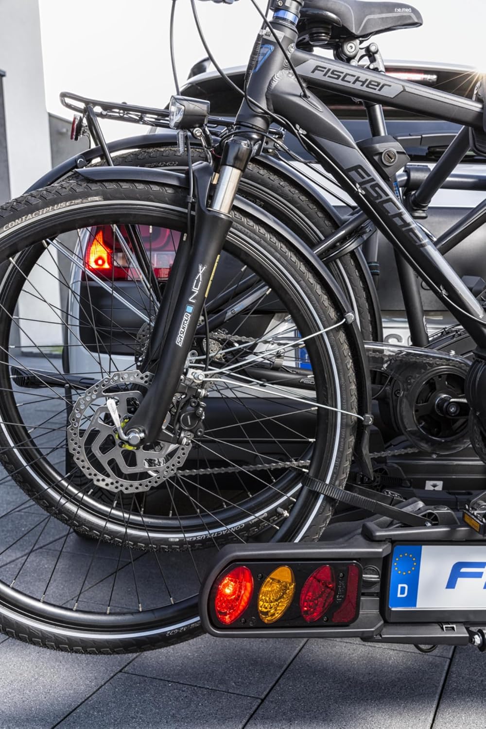 Fischer Portabici da Gancio Traino Proline Evo 2, per 2 biciclette fino a 60 kg di carico utile, adatto per e-bike, preassemblato, con serratura, pieghevole