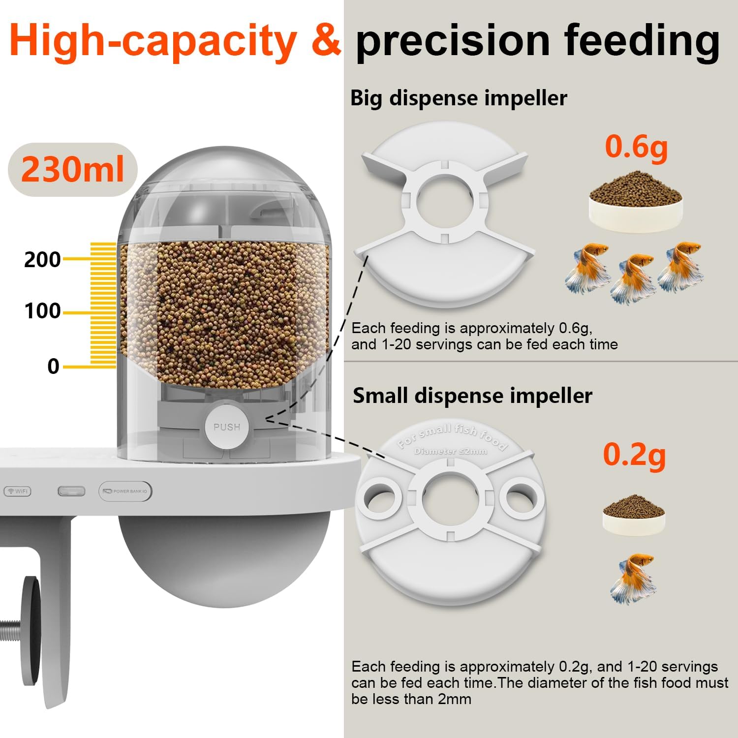 Dispenser Automatico di Cibo per Pesci da Acquario con Telecamera HD, Controllo tramite App (WiFi), Grande Capacità 230ml (25 giorni) per Casa e Vacanze