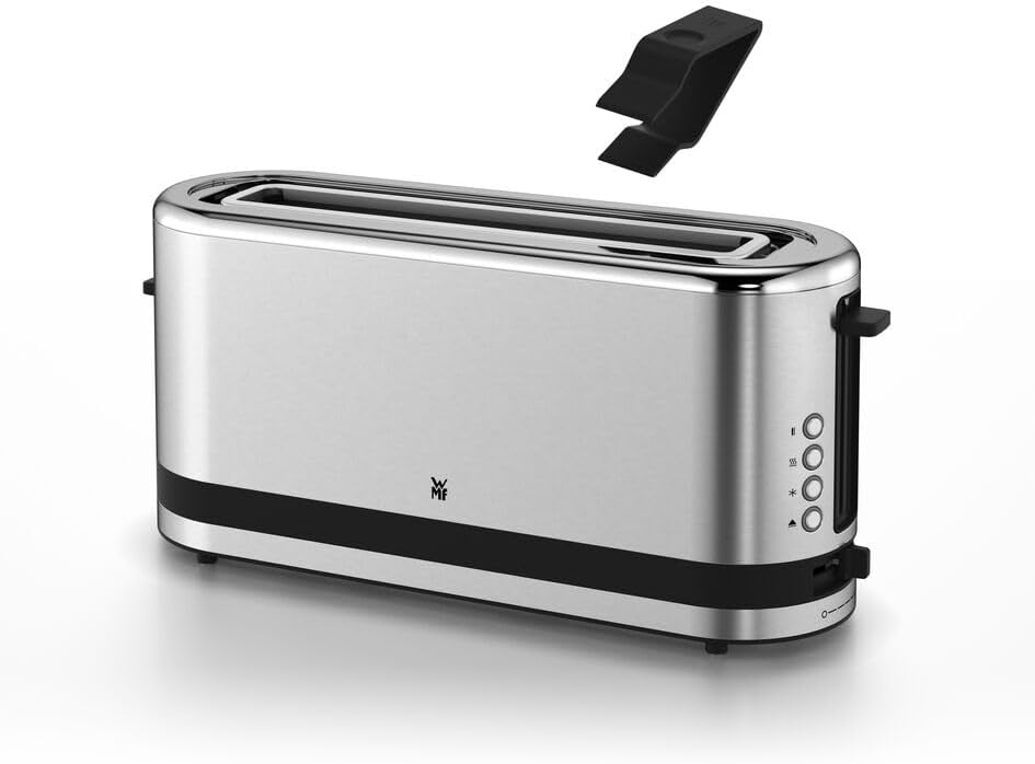 WMF Küchenminis Tostapane a fessura lunga con accessorio scaldabriosche, 2 fette, XXL, funzione bagel, 7 livelli di doratura, 900W, Tostapane acciaio inox opaco