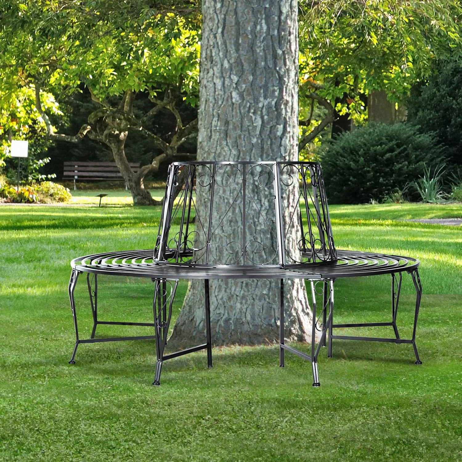 Outsunny Panchina ad anello per albero Design a 360° Ampia seduta in metallo