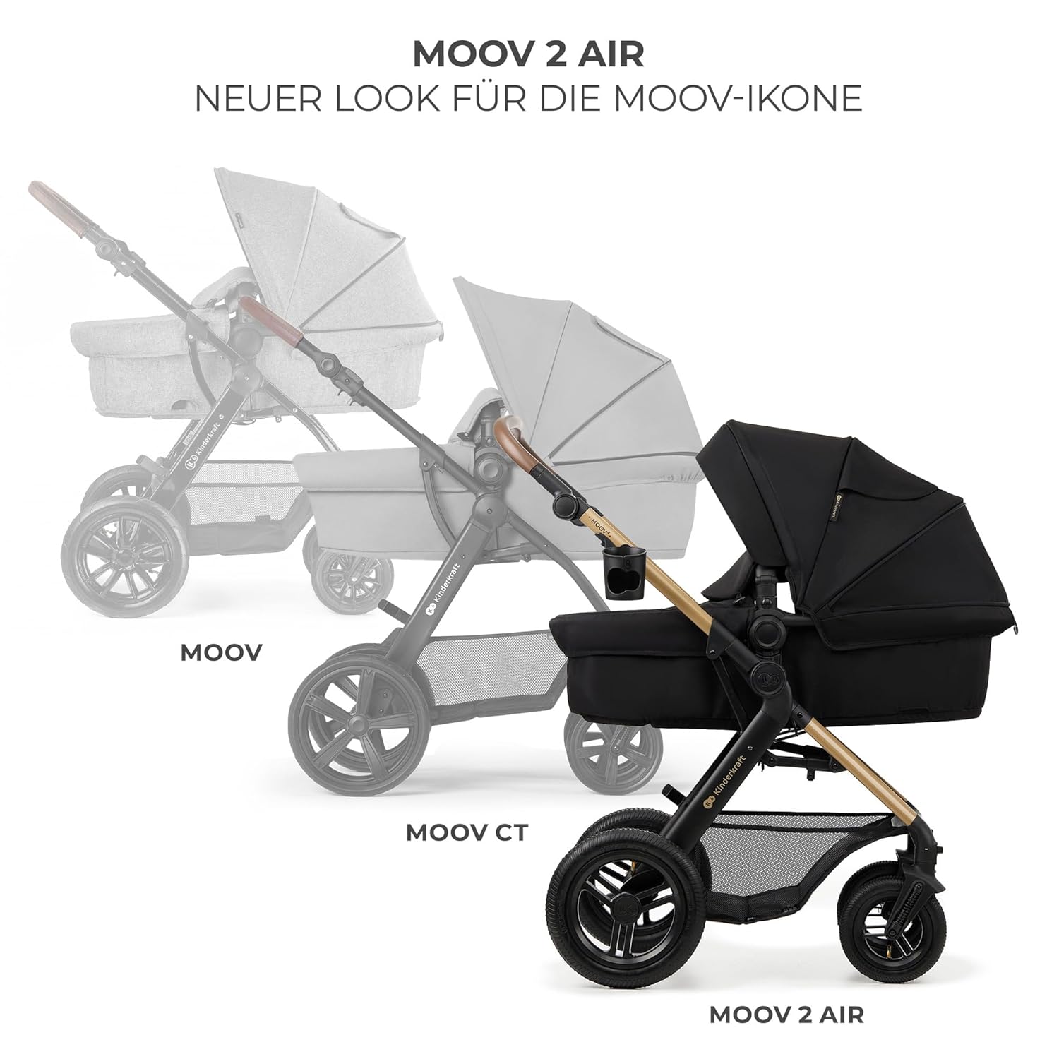 Kinderkraft MOOV2 AIR Passeggino 3 in 1 Set Passeggino fino a 26 kg con seggiolino auto I-SIZE 40-75 cm, funzione passeggino, schienale reclinabile, ampia capottina estensibile, ruote gonfiabili, nero
