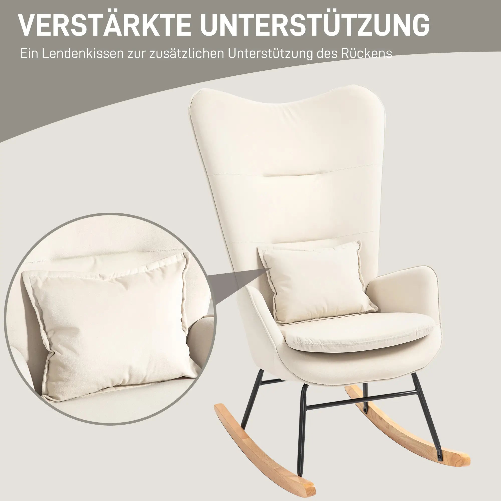 HOMCOM Sedia a Dondolo con Cuscino Lombare e Strisce in Feltro, Bianco Crema