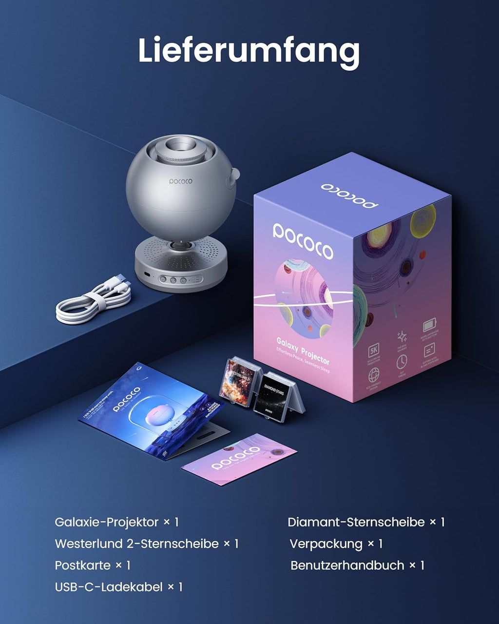 POCOCO Healing Vibes Geschenkbox, Sternenhimmel Projektor Kinder und Erwachsene, Sternenprojektor, Planetarium als Geschenk, Dekoration, Einschlafhilfe und Entspannung - mit 10 Scheiben und Spieluhr