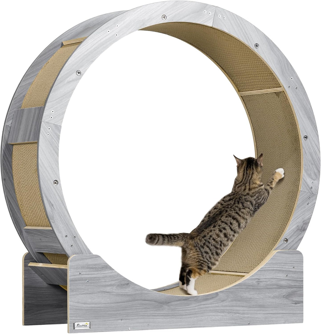 PawHut Katzenlaufrad Laufrad für Katzen 91 cm mit Bremse, Kratzbrett, Katzenrad für gesunde Bewegung, Entspannung, Grau