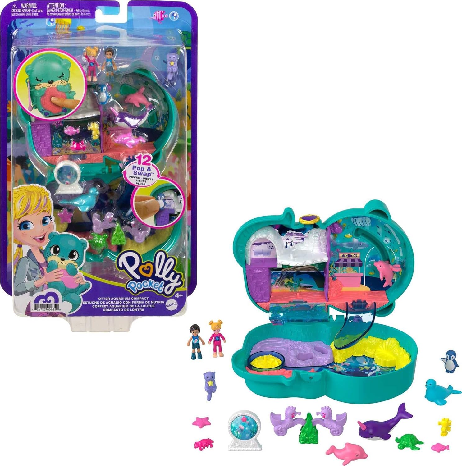 Polly Pocket GTN15 - Valigetta Caffetteria Riccio con Design Caffè e Animali, Mini Bambola Polly e HCG16 - Acquario Lontre, Tema Acquario con Micro Bambole Polly e Nicolas, 5 Sorprese e 12 Accessori