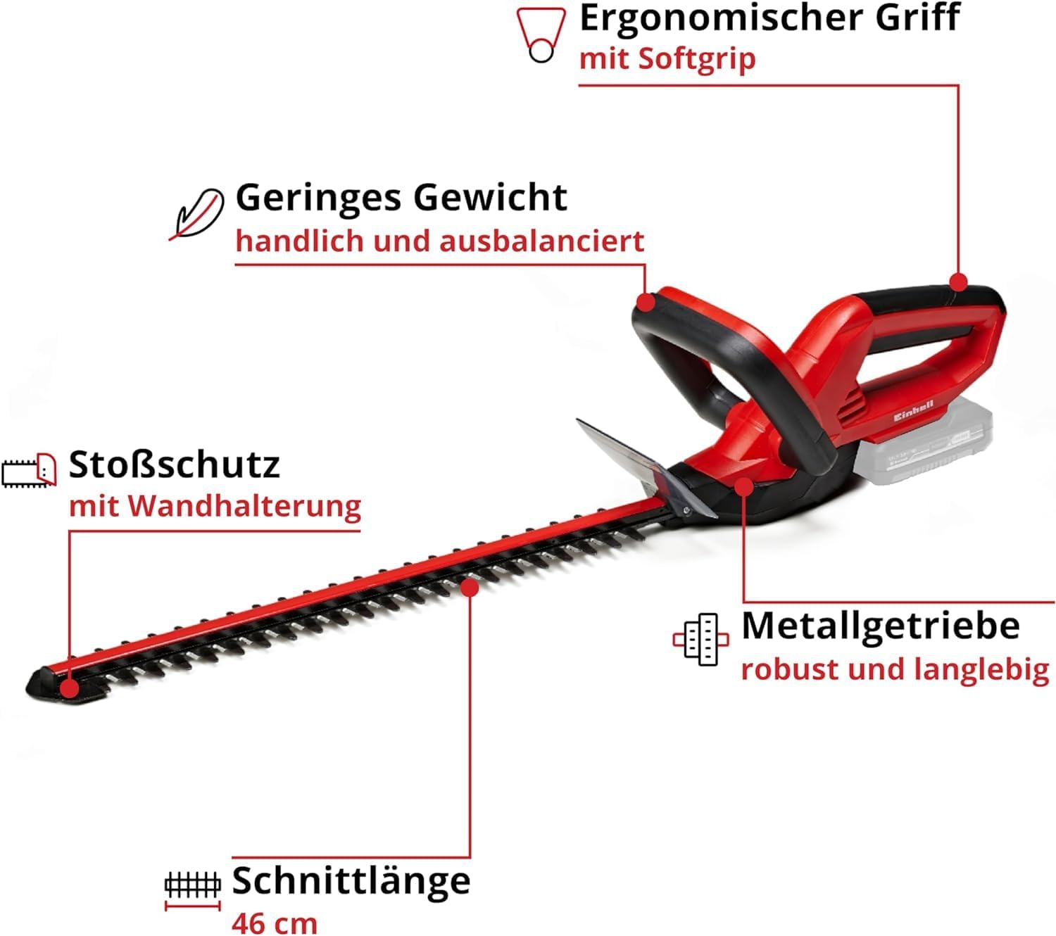 Einhell Akku-Heckenschere GC-CH 1846 Li-Solo Power X-Change (18 V, 46 cm Schnittlnge, 15 mm Zahnabstand, ergonomischer Griff, ohne Akku)