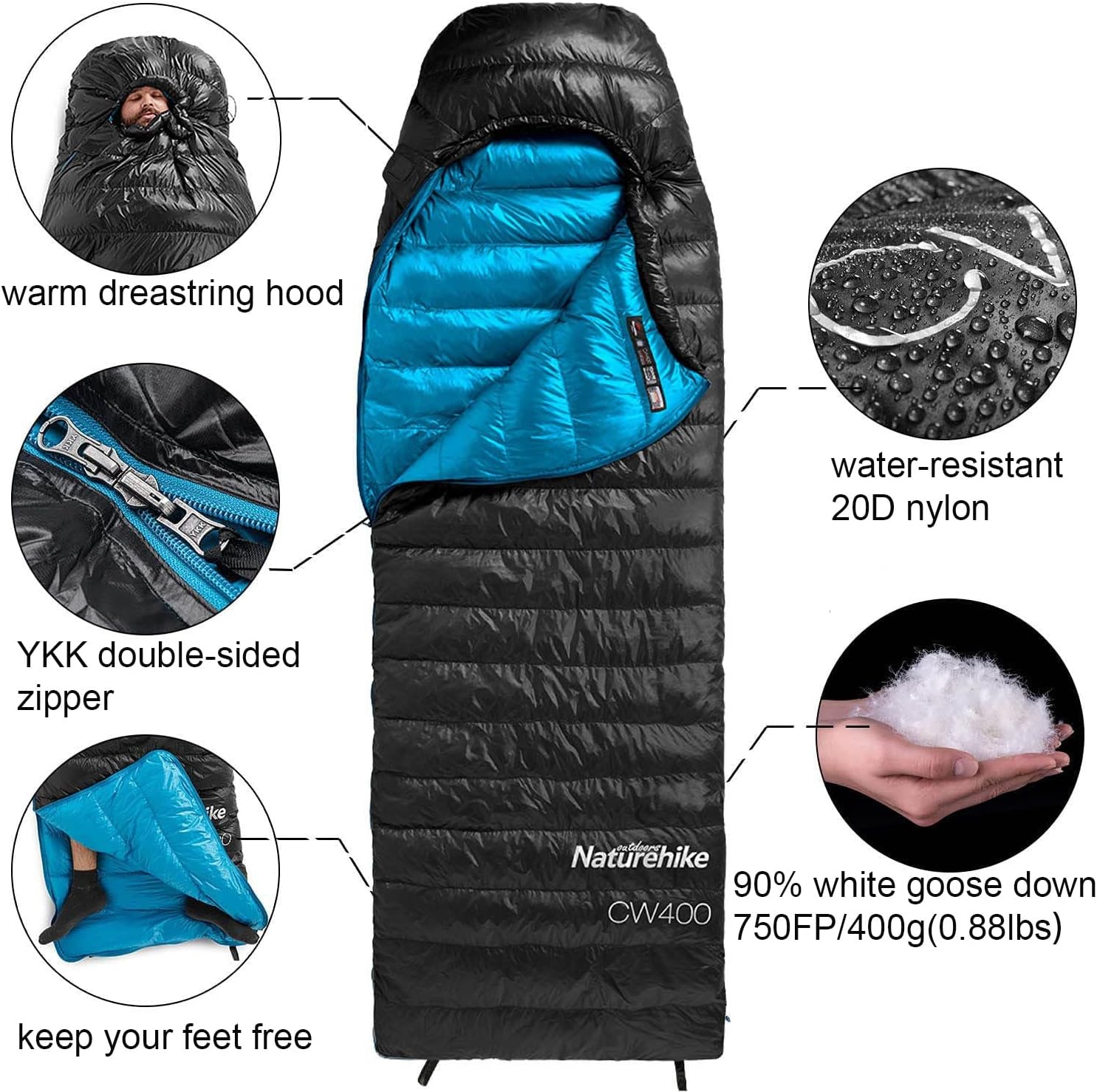Naturehike CW700/CW400 Sacco a Pelo in Piuma, Ultraleggero, Portatile, Compatto, per Inverno, 4 Stagioni, per Adulti e Bambini, Campeggio, Escursionismo, Viaggi, con Sacco a Compressione