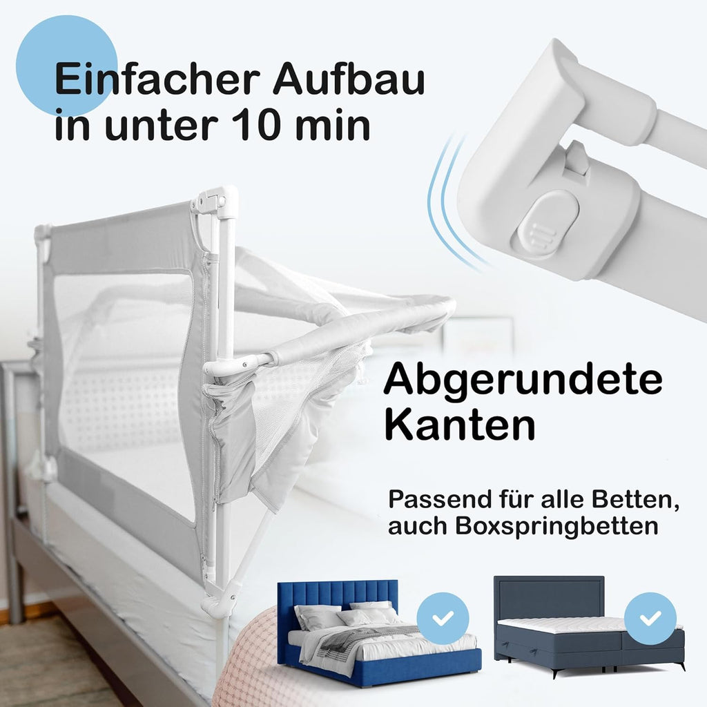 BabybeFun Beistellbett Baby [Stillen im eigenen Elternbett] Babybett für Boxspringbett und normales Bett mit Überrollschutz [Extra Sicher] Rausfallschutz Bett | Kinderbett Alternative