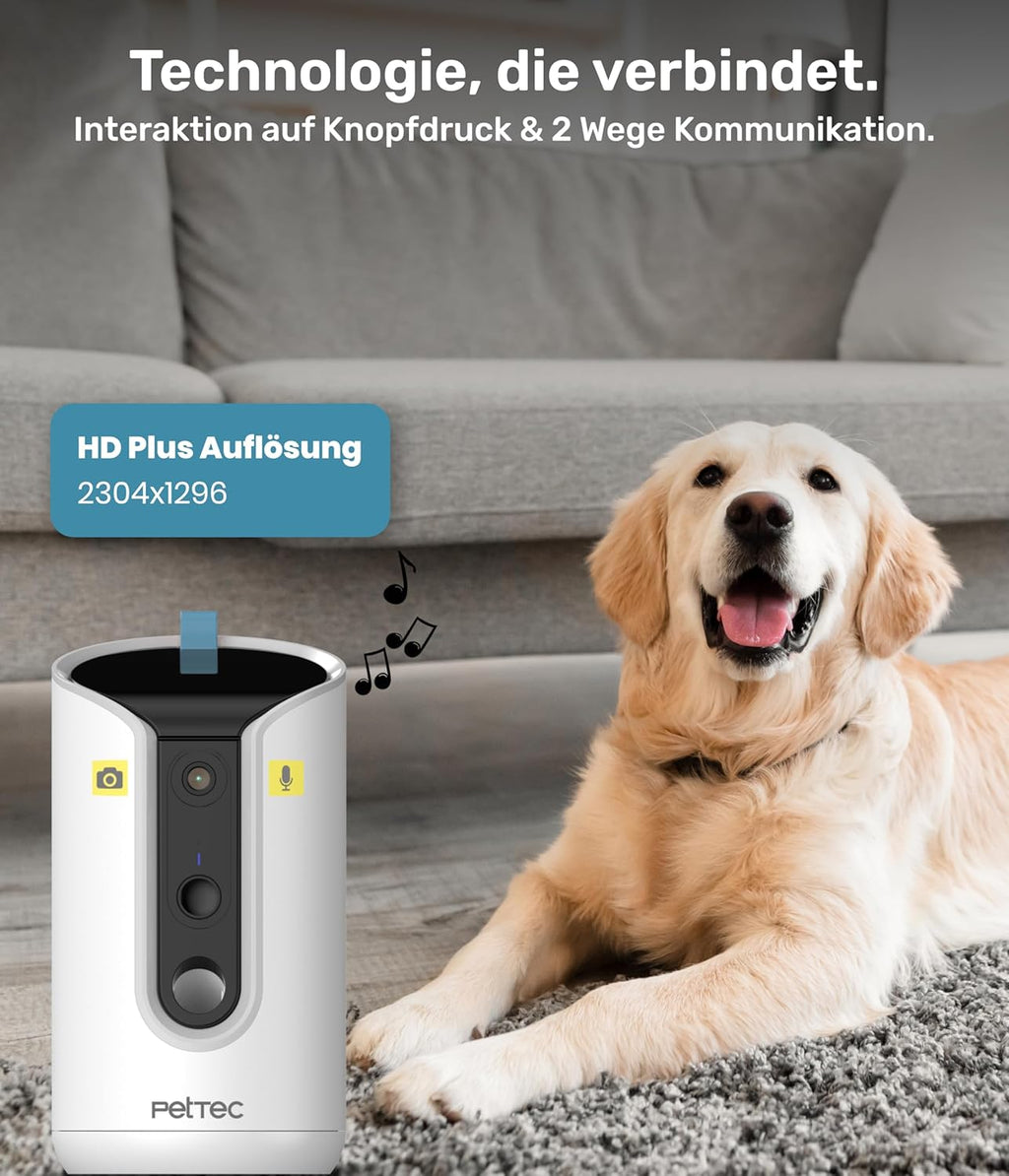 PetTec Videocamera per animali domestici a 360° e distributore automatico di cibo con espulsione di crocchette - tramite App e pulsante multifunzione - Rilevamento dei latrati - Funzione visione notturna 3MP - Telecamera per cani e gatti