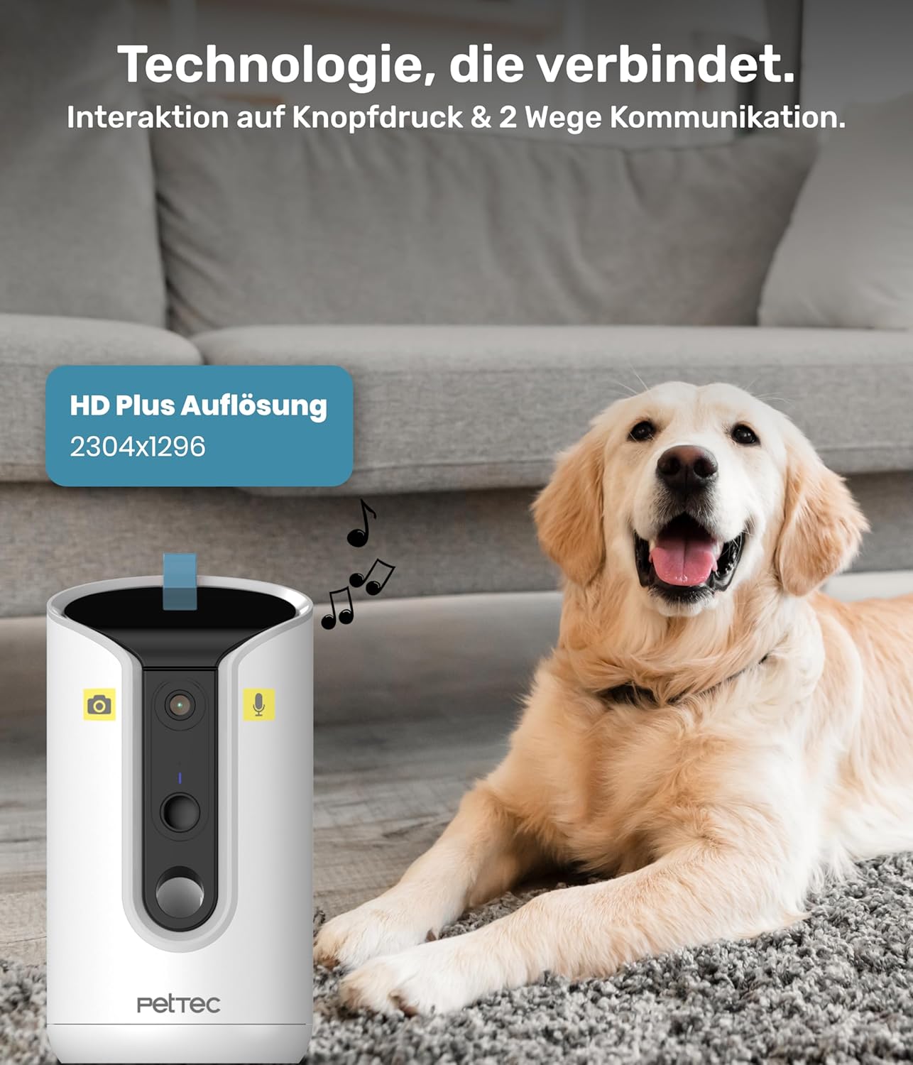 PetTec Videocamera per animali domestici a 360° e distributore automatico di cibo con espulsione di crocchette - tramite App e pulsante multifunzione - Rilevamento dei latrati - Funzione visione notturna 3MP - Telecamera per cani e gatti