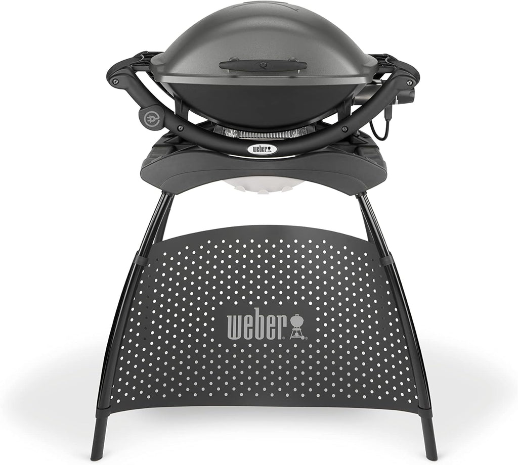 Weber Q2400 Barbecue elettrico con supporto + tavolini laterali, superficie di cottura 54 x 39 cm, portatile, griglia di cottura in ghisa smaltata in due pezzi, coperchio e braciere in ghisa d'alluminio - Grigio scuro (55020879)