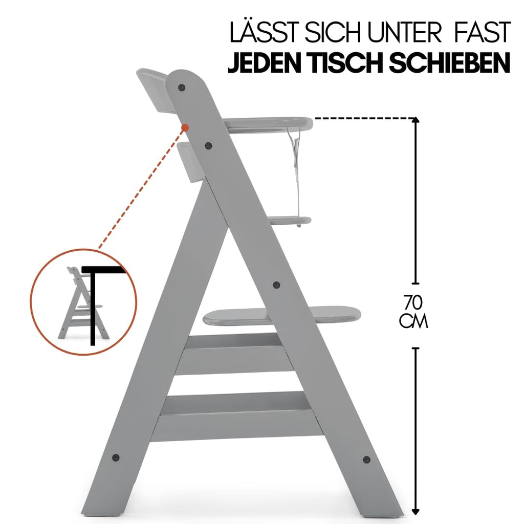 hauck Alpha Plus Newborn Set mit Premium Bouncer Dark Grey - Baby Holz Hochstuhl ab Geburt mit Liegefunktion - extra flacher Aufsatz für Neugeborene & Baumwoll Sitzpolster - Grau