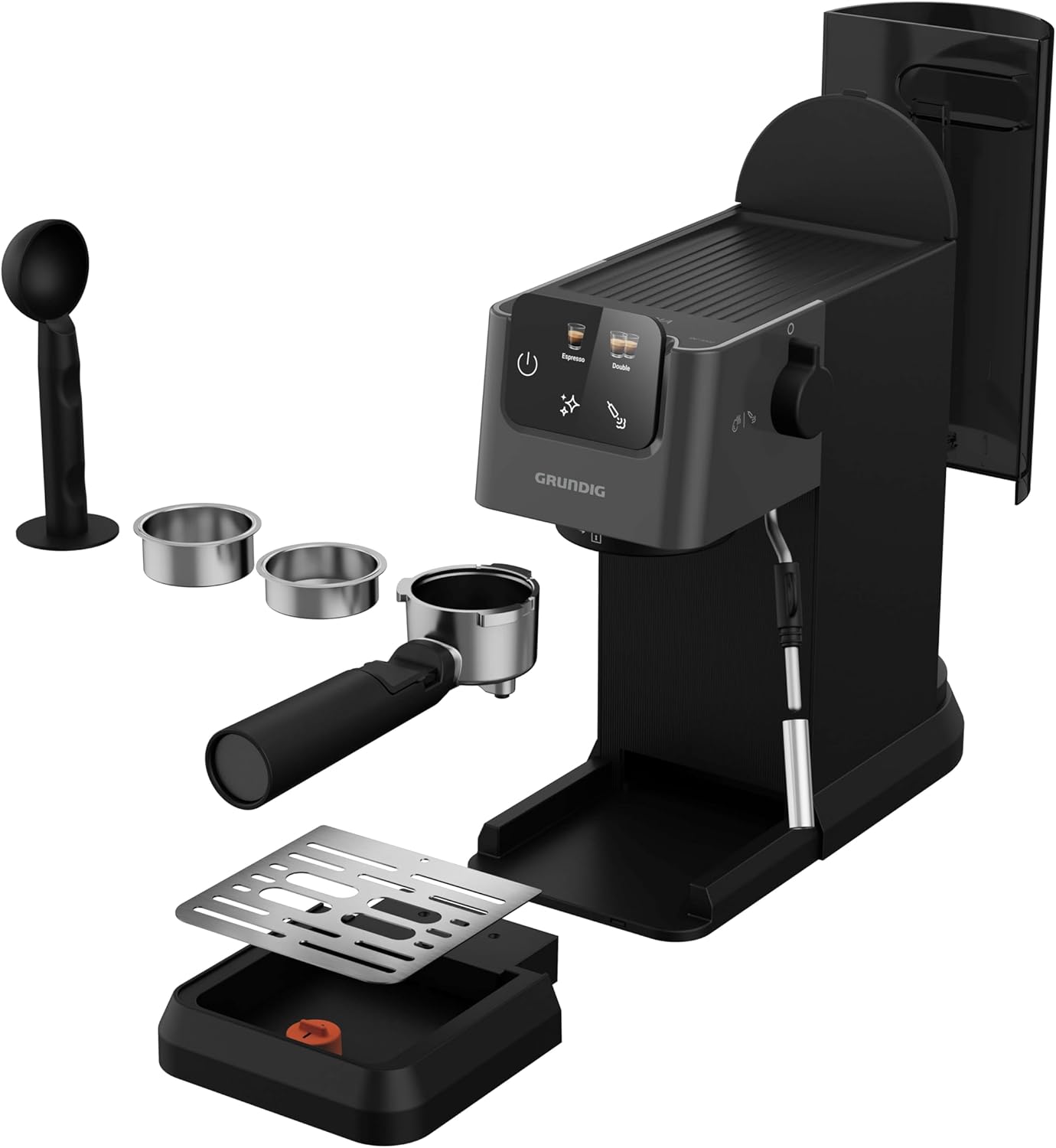 GRUNDIG KSM 5330 Macchina da caffè con portafiltro e contenitore per il latte integrato, 1628 W di potenza, 15 bar di pressione della pompa, ugello doppio, display touch a colori, BrewSense, CreamyPro, Inox scuro/Nero