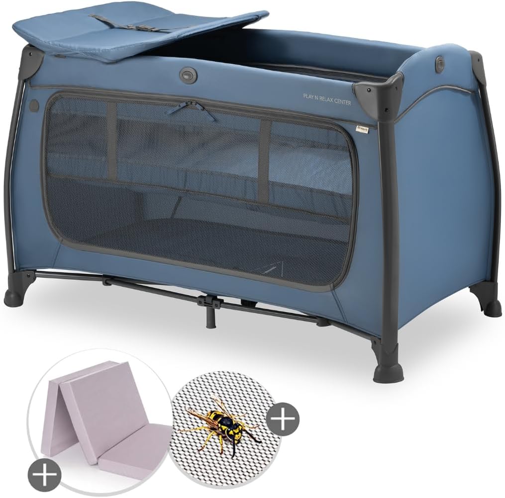 hauck Baby Reisebett Play n Relax Center Set mit Komfort Matratze und Insektenschutz - Babyreisebett mit Neugeborenen Einsatz, Wickelauflage und Tasche (höhenverstellbar & faltbar) - Dark Blue
