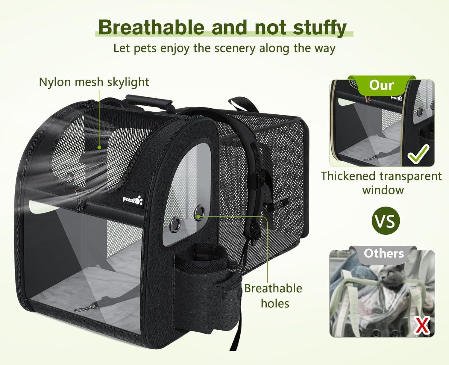 pecute Haustier Rucksack mit Netzfenster, Tragbare und Faltbare Katzentasche, Atmungsaktive und Leichte Hundetasche, Wasserdichtes Oxford-Tuch mit Viel Platz, Multifunktionales Rutschfestes Grau XL