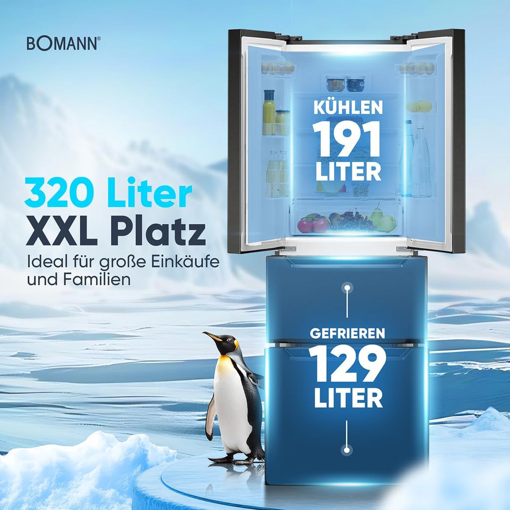 Bomann® Frigorifero con Congelatore | Congelatore No-Frost | Frigorifero da 186 cm | 39 dB | Combinato Frigorifero-Congelatore con MultiAirflow | 320L | Combinato Frigorifero-Congelatore No-Frost | KG 7361 nero-inox