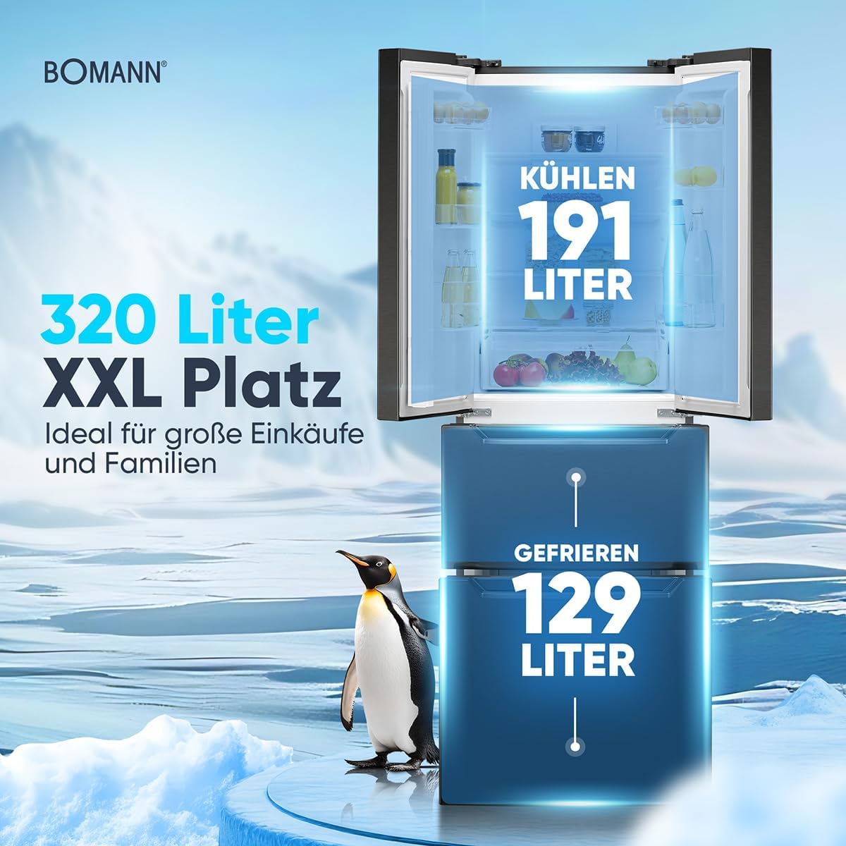 Bomann® Frigorifero con Congelatore | Congelatore No-Frost | Frigorifero da 186 cm | 39 dB | Combinato Frigorifero-Congelatore con MultiAirflow | 320L | Combinato Frigorifero-Congelatore No-Frost | KG 7361 nero-inox