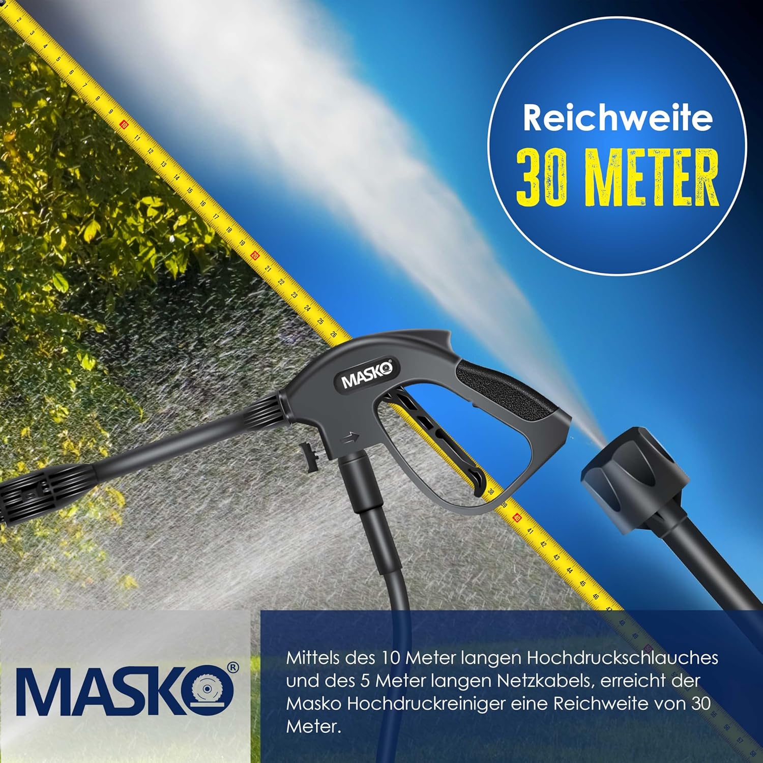 MASKO® Idropulitrice 2200 Watt 165 bar 450 l/h, con avvolgitubo 10m, set accessori 9 pezzi, con serbatoio per sapone e ugello schiumogeno, pistola ad alta pressione per auto/recinzioni/giardino/pati (Grigio)
