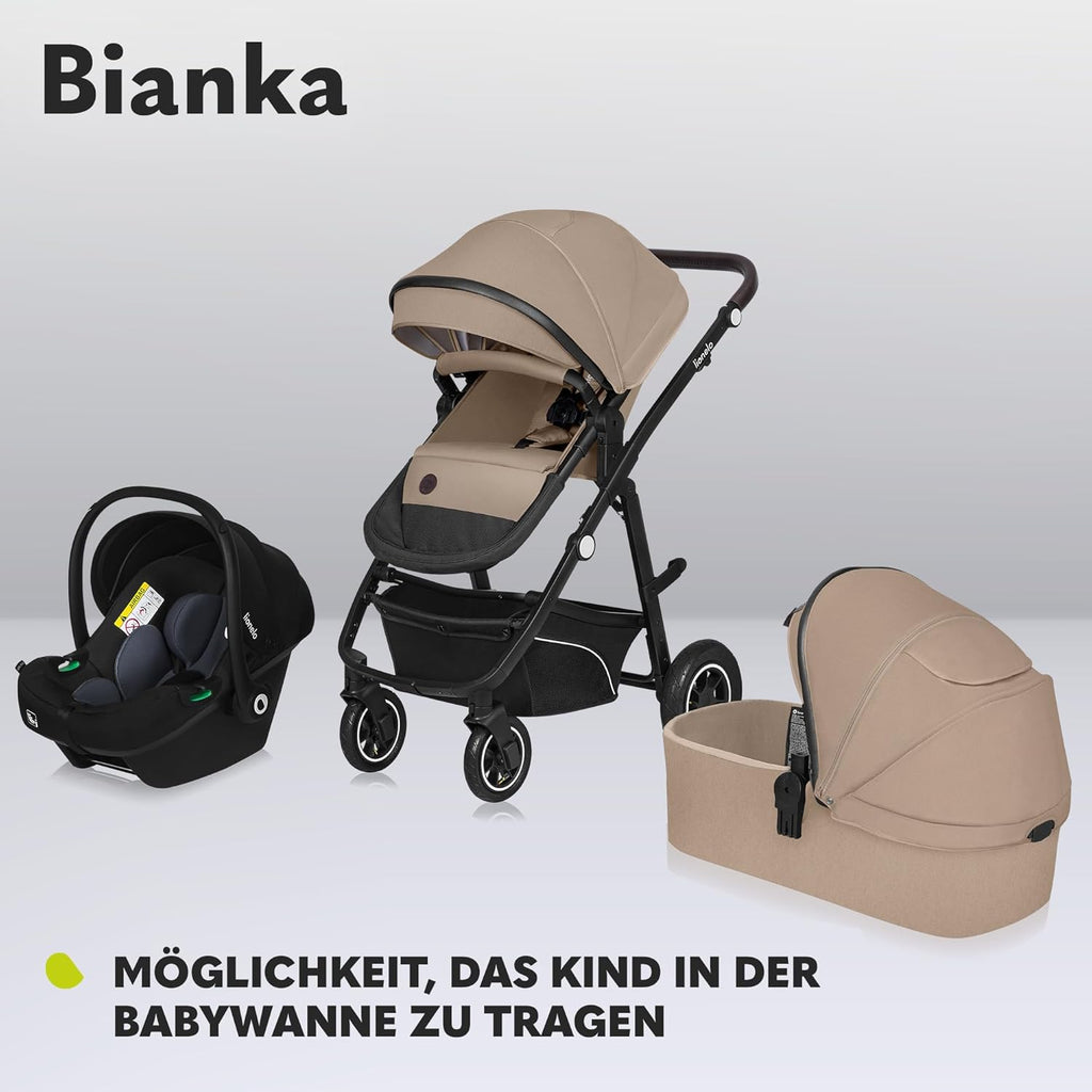 LIONELO BIANKA Kinderwagen 3 in 1 bis 22 kg Babywanne Autositz Zusammenlegbar, Reise-System, Einstellung der Rückenlehne, Räder 360o Stoßdämpfer, Verdeck XXL