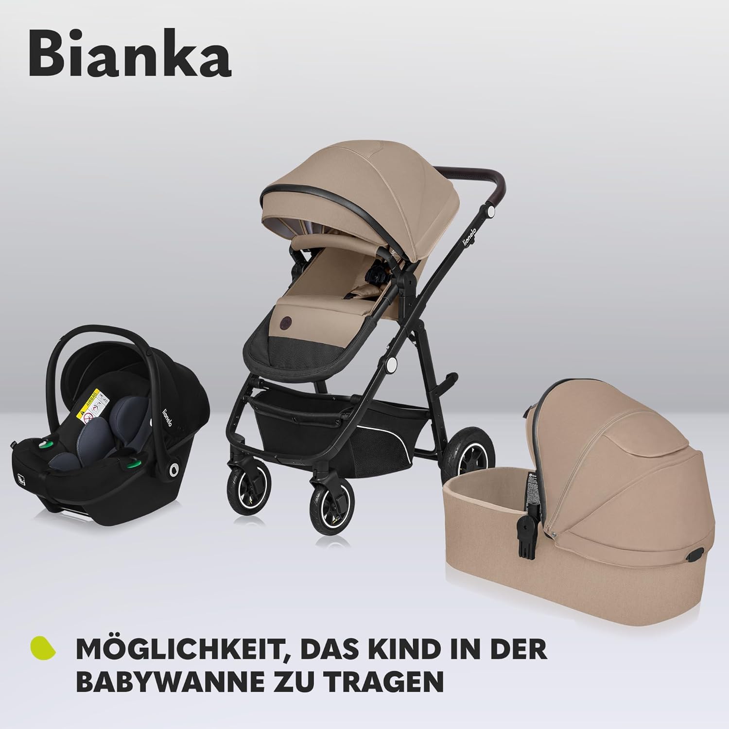 LIONELO BIANKA Kinderwagen 3 in 1 bis 22 kg Babywanne Autositz Zusammenlegbar, Reise-System, Einstellung der Rückenlehne, Räder 360o Stoßdämpfer, Verdeck XXL