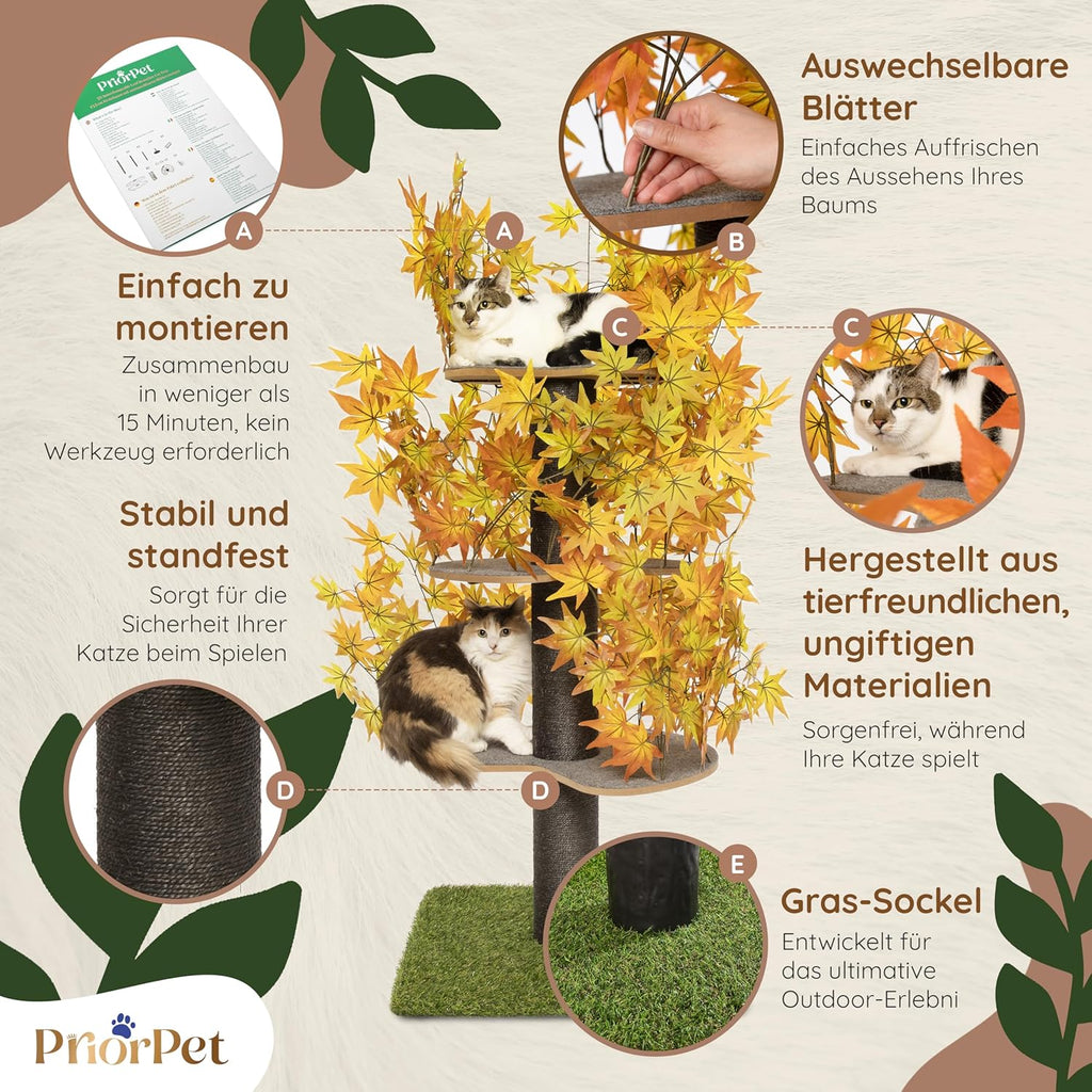 Tiragraffi albero naturale per arrampicarsi, nascondersi e dormire - grande con foglie intercambiabili - a più livelli, facile da montare - materiali sicuri per animali domestici, durevole e robusto albero per gatti brevettato