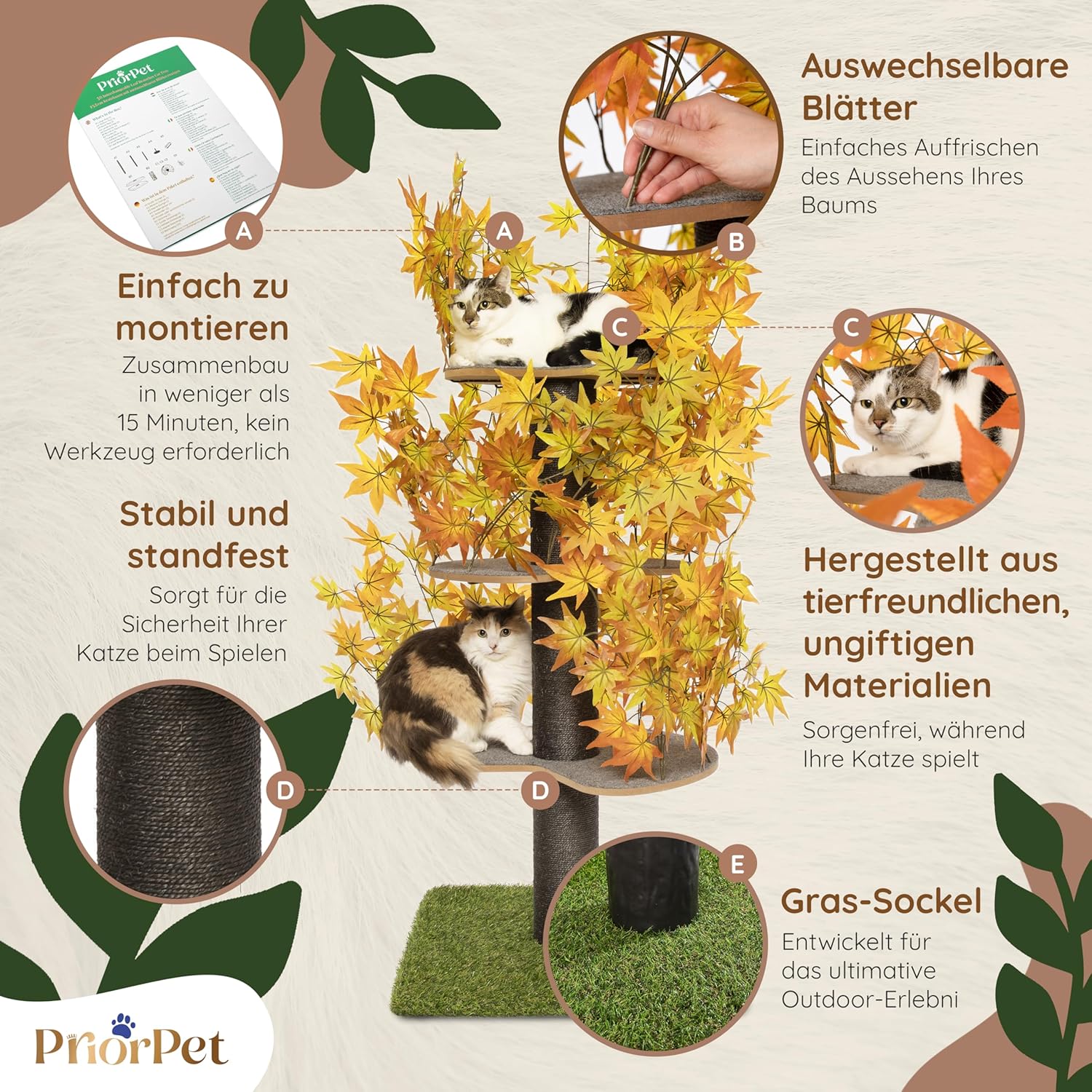 Tiragraffi albero naturale per arrampicarsi, nascondersi e dormire - grande con foglie intercambiabili - a più livelli, facile da montare - materiali sicuri per animali domestici, durevole e robusto albero per gatti brevettato