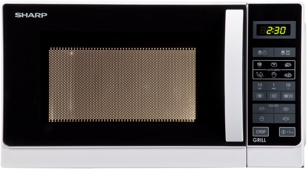 Sharp Libera installazione, R642BKW Forno a microonde 2 in 1 con grill / 20 L / 800 W / Grill al quarzo da 1000 W / 8 programmi automatici / Timer / Blocco bambini / Modalità di risparmio energetico / Piatto girevole in vetro (25,5 cm) / nero