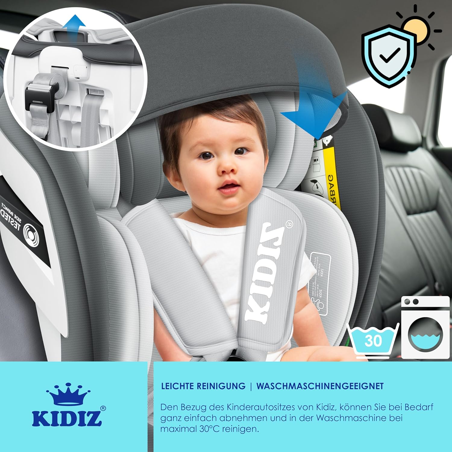 KIDIZ® Kindersitz Baby Autositz Kinderautositz Isofix Top Tether 360° drehbar Gruppe 0/1/2/3 ab Geburt 0-36kg Mit Sonnenschutzdach Seitenschutz 5 Punkt Gurt Kopfstützenverstellung ECE R129 Anthrazit