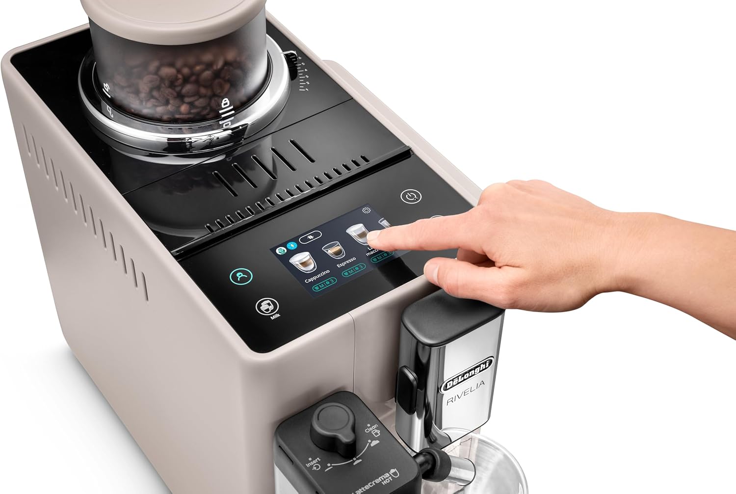 De'Longhi Rivelia EXAM440.55.W Macchina da Caffè Automatica con Sistema LatteCrema, Contenitore chicchi intercambiabile, 16 bevande caffè e latte con un solo tocco, Funzione Extra Shot, Display Touch da 3,5 pollici, Bianco