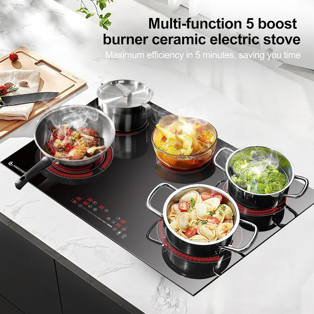AMZCHEF Piano Cottura a Induzione 5 Zone, Incasso, con Funzione Booster e 9 Livelli, Funzione Pausa e Mantenimento in Caldo, Piano Cottura a Induzione con Controlli Slider, Timer Multifunzione, 7400W