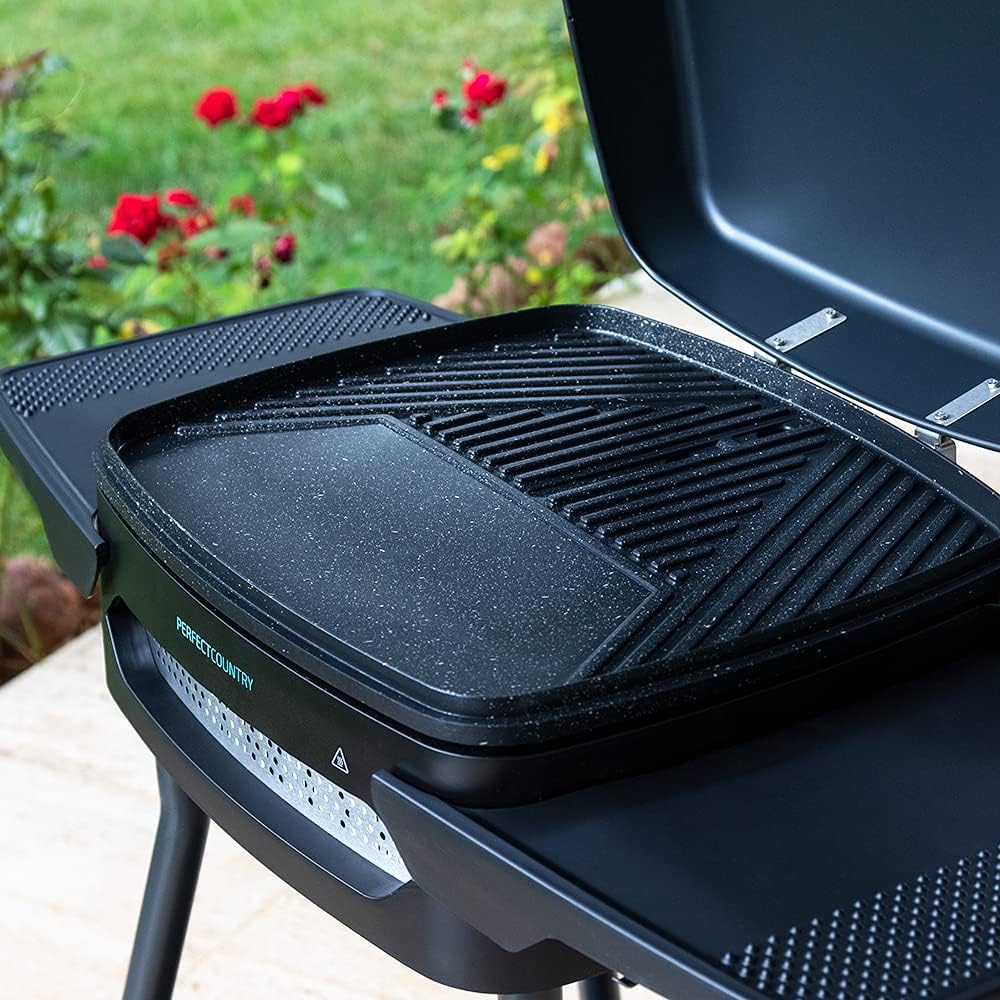 Cecotec Elektrischer Grill Perfect Country 2000 EasyMove. 2000 W, Mix- und Antihaft-Oberfläche, klappbarer Deckel, einstellbares Thermostat, Fettauffangschale, Stahlbeine und Räder