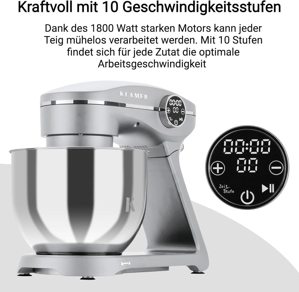 Impastatrice Planetaria KLAMER 1800W, con Ciotola in Acciaio Inossidabile da 6 Litri, 10 Velocità con Timer, Frusta a Filo, Gancio Impastatore, Frusta Piatta e Paraspruzzi