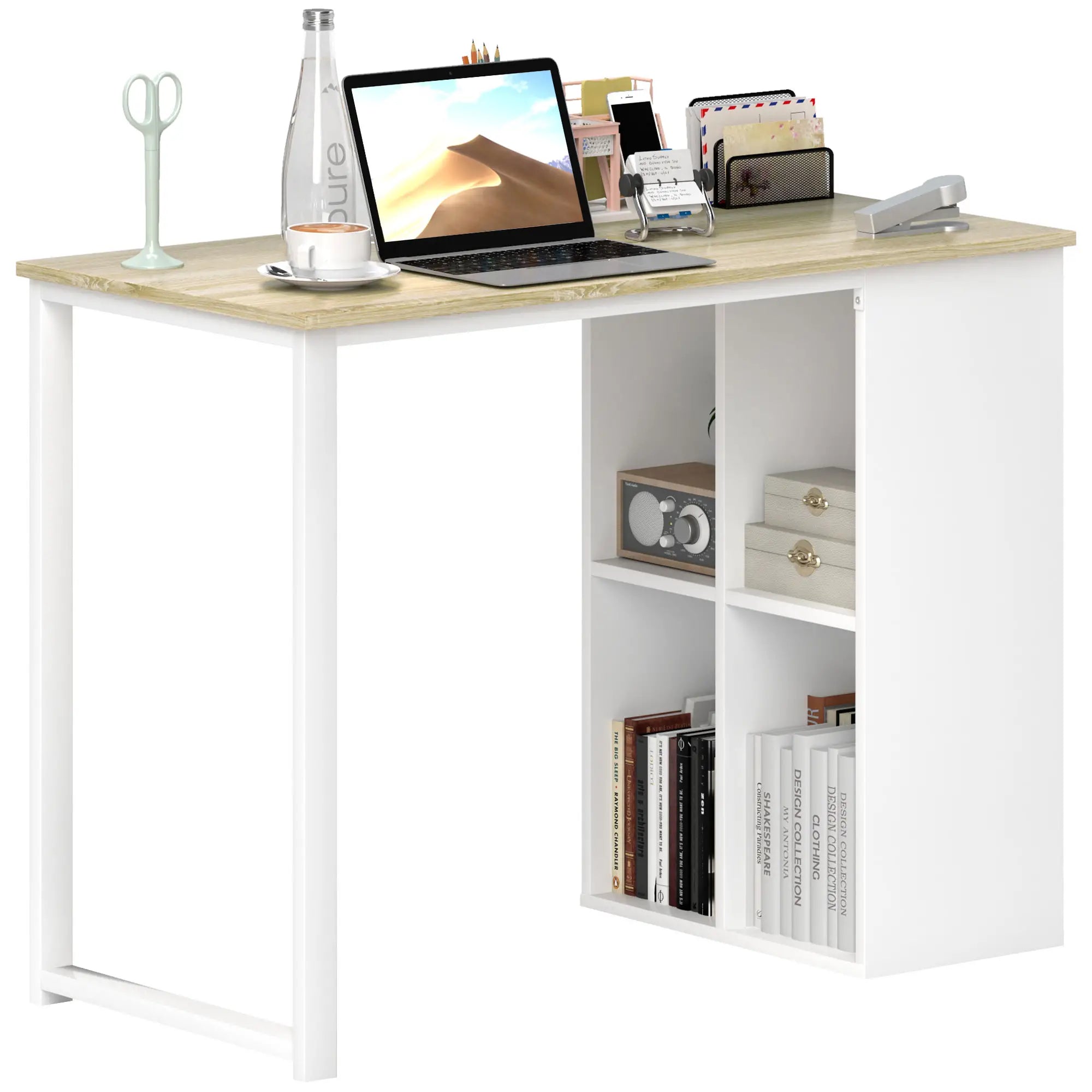 HOMCOM Scrivania da Ufficio Tavolo PC con 4 Ripiani Flessibili, Legno di Quercia