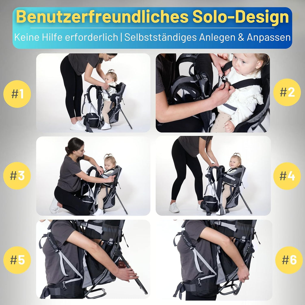 Dromader Kraxe Kindertrage bis 22kg – Kindertrage Wandern mit Sonnendach, Regenschutz, Thermotasche, Wickelmatte – Einhändig klappbare Rahmen – Blau