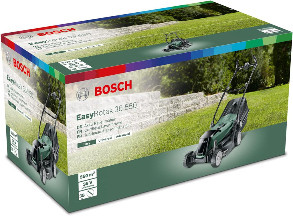 Bosch Home and Garden 06008B9B01 Bosch Tosaerba EasyRotak 36-550 (senza batteria, 36 Volt, larghezza di taglio: 38 cm, superfici prato fino a 550 m², in scatola di cartone)
