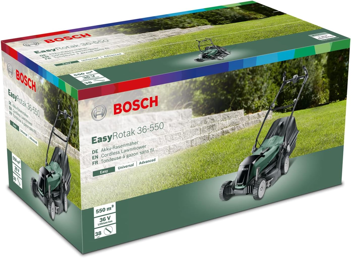 Bosch Home and Garden 06008B9B01 Bosch Tosaerba EasyRotak 36-550 (senza batteria, 36 Volt, larghezza di taglio: 38 cm, superfici prato fino a 550 m², in scatola di cartone)