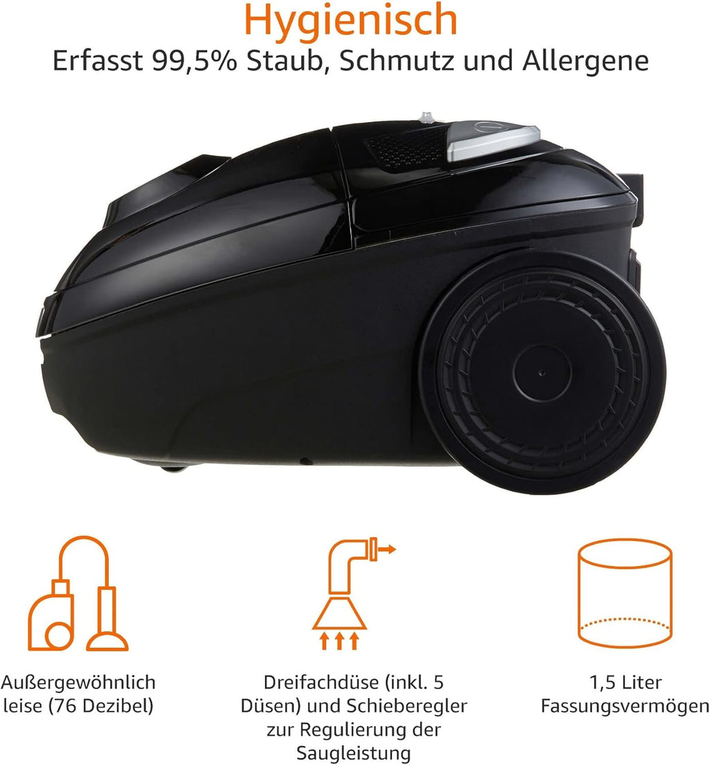 Amazon Basics - Aspirapolvere con sacchetto, potente, compatto e leggero, per pavimenti duri e tappeti, filtro HEPA, 700 W, 1,5 l, UE, nero