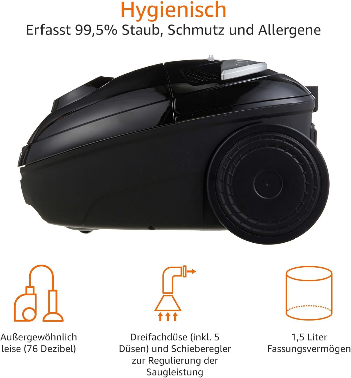 Amazon Basics - Aspirapolvere con sacchetto, potente, compatto e leggero, per pavimenti duri e tappeti, filtro HEPA, 700 W, 1,5 l, UE, nero